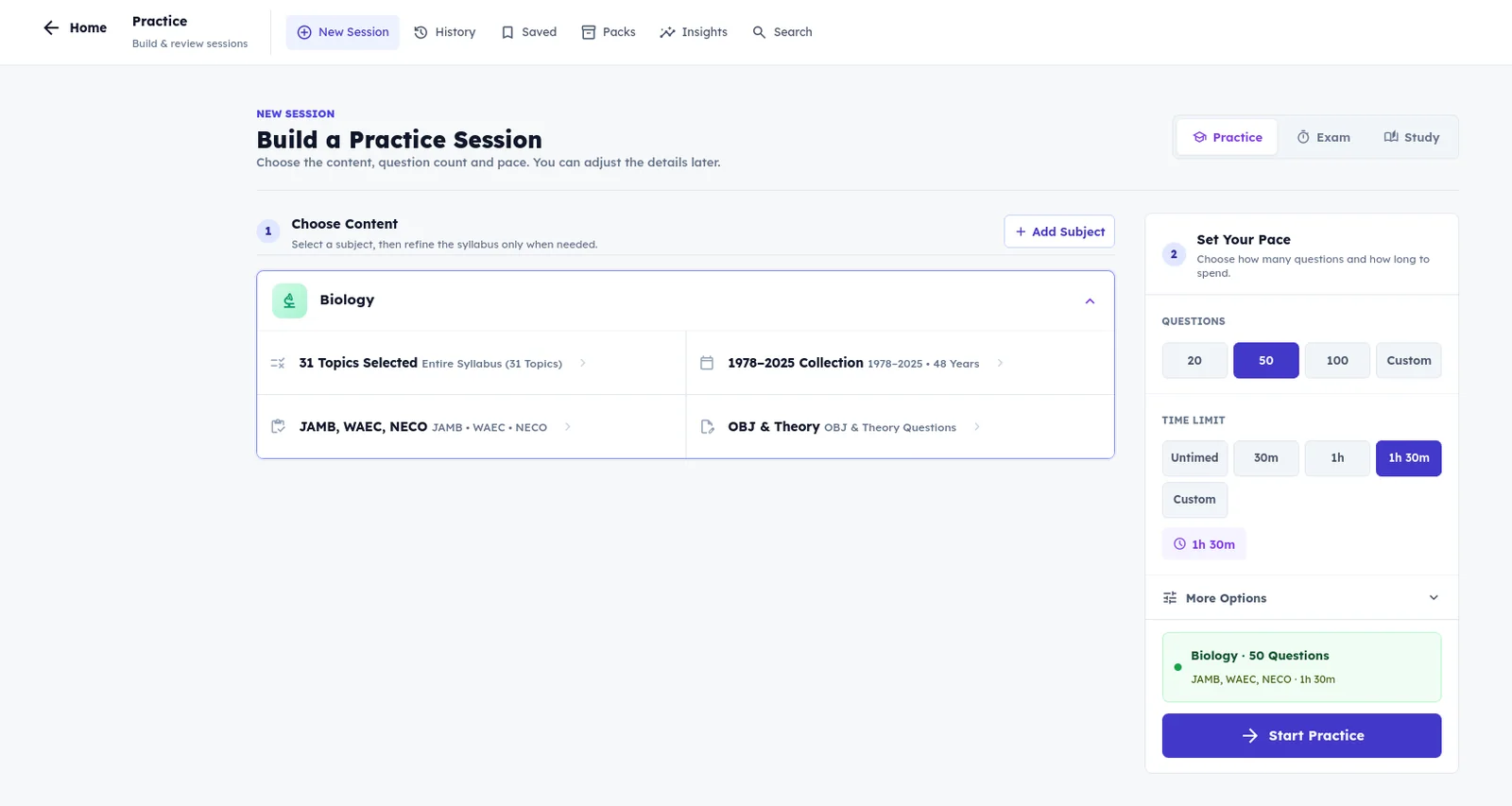 Cognium practice builder with Biology selected, exam and topic filters, and controls for question count and time.